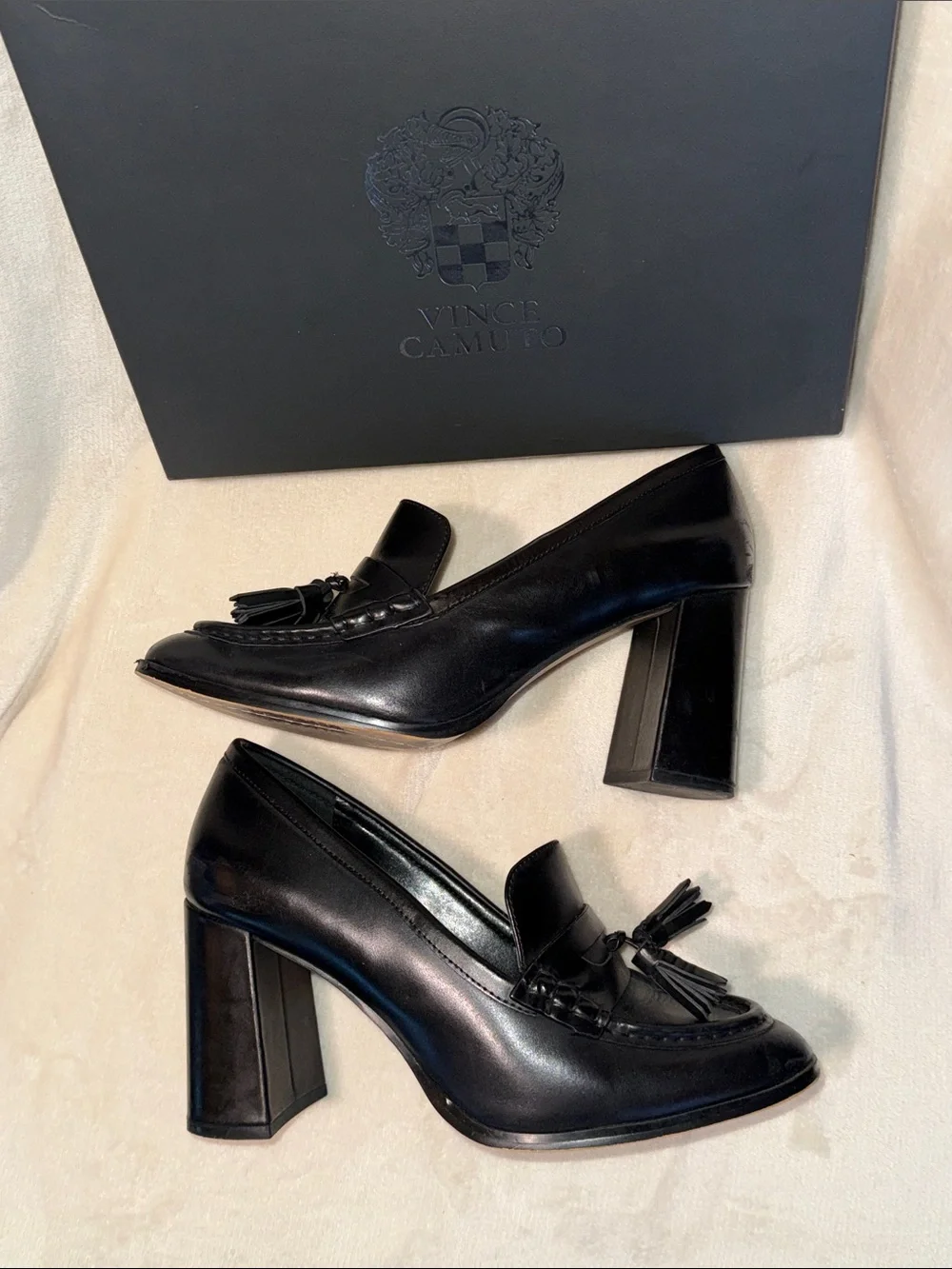 Vince Camuto Chelivia Black Leather Tassel Block-Heel Loafers, Size 9